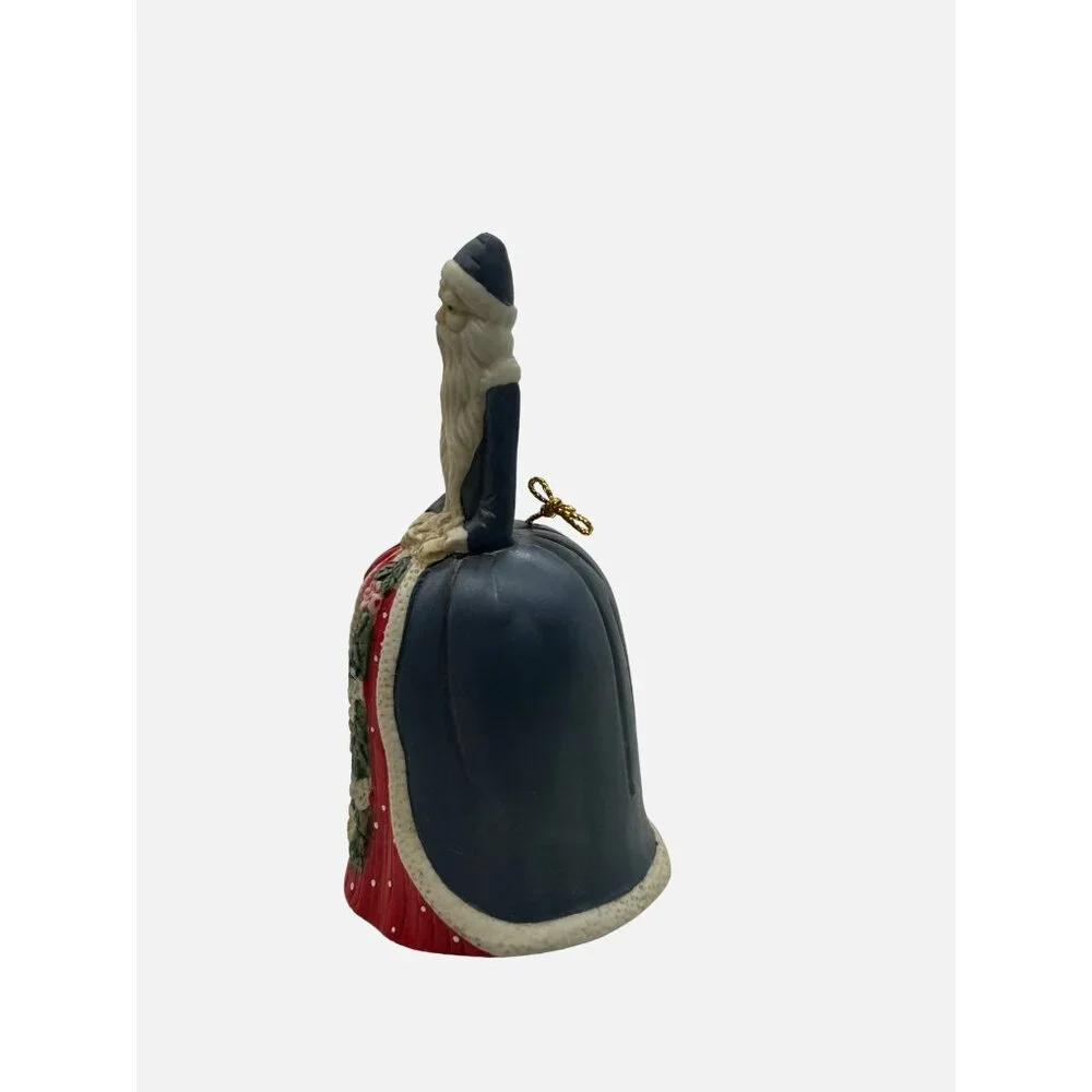 Vintage Victorian Santa Bell Porcelain Blue Red Floral‎ Christmas Collectible